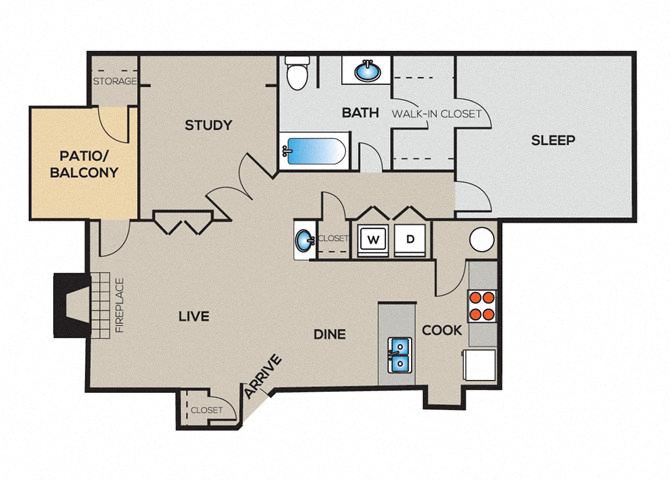 Floor plan for 1 bed, 1 bath, 900 sqft